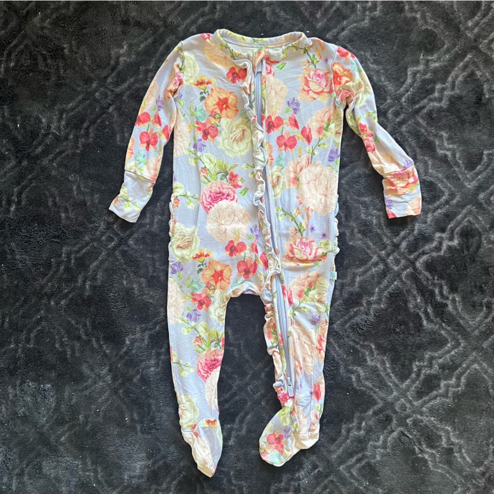 Posh Peanut Light Blue Floral Footie - Pink, Yellow, Green